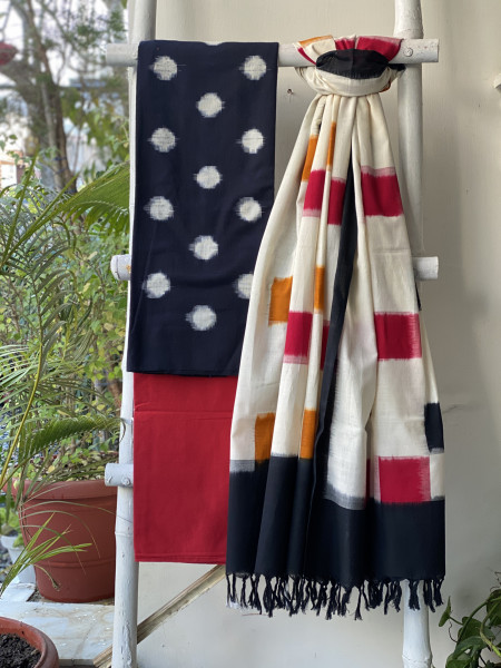 BLACK & OFF WHITE COTTON IKKAT DUPATTA SET