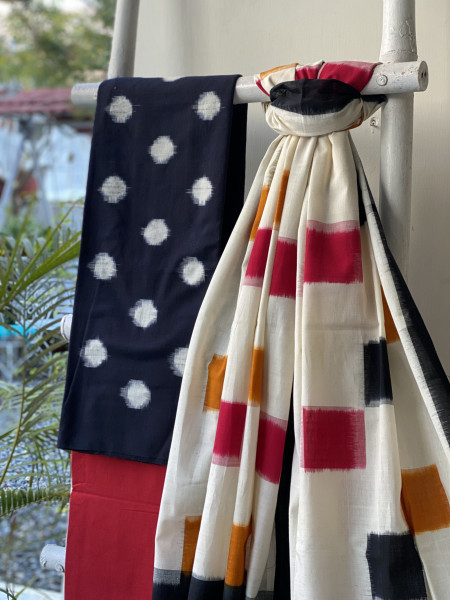BLACK & OFF WHITE COTTON IKKAT DUPATTA SET