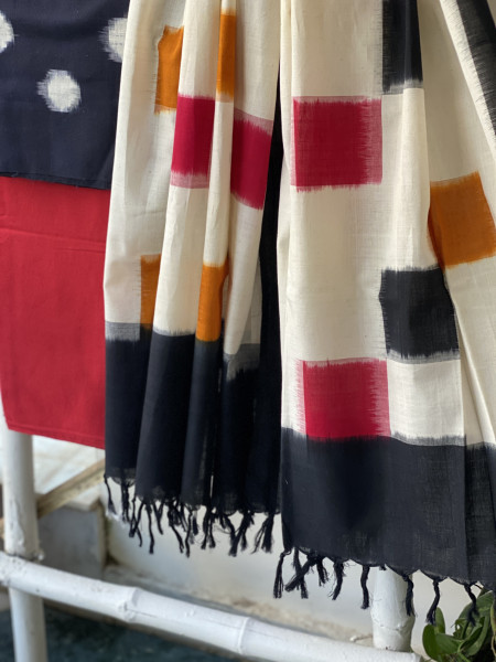 BLACK & OFF WHITE COTTON IKKAT DUPATTA SET