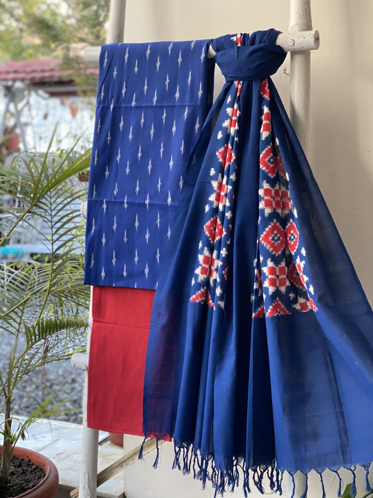 Image of BLUE-RED COTTON IKKAT DUPATTA SET