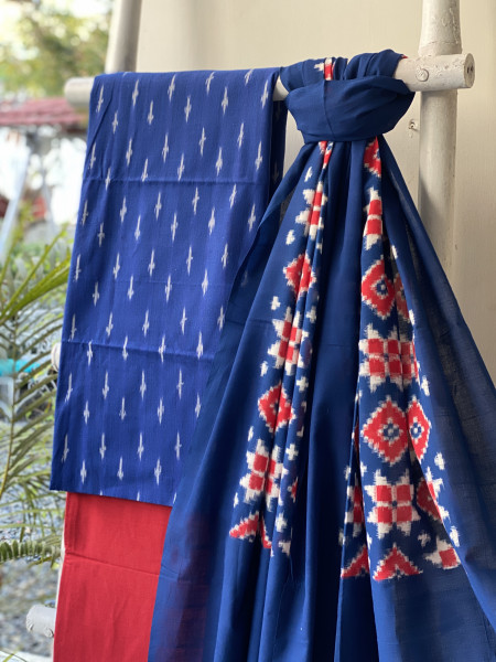 BLUE-RED COTTON IKKAT DUPATTA SET