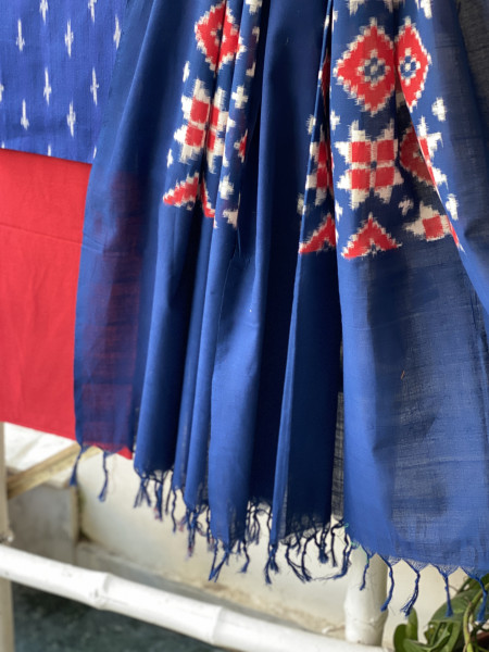 BLUE-RED COTTON IKKAT DUPATTA SET