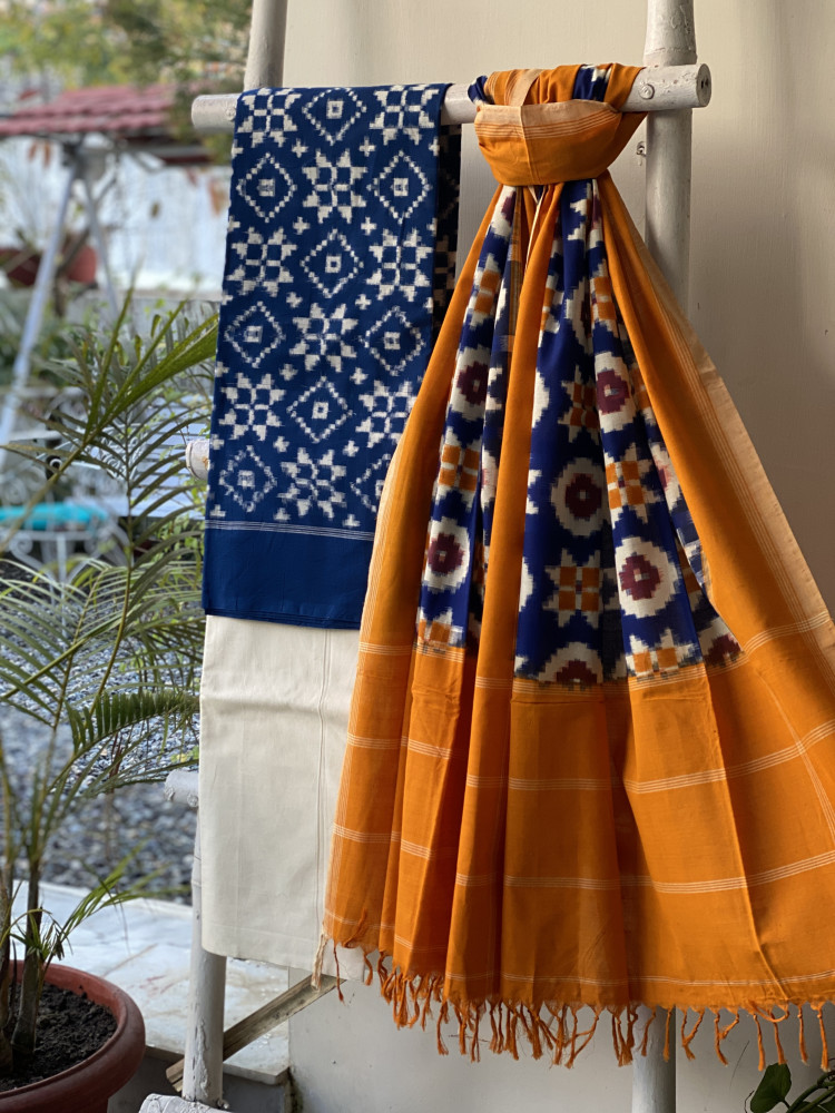 Image of BLUE-MUSTARD COTTON IKKAT DUPATTA SET