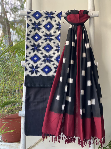 OFF WHITE-BLACK COTTON IKKAT DUPATTA SET