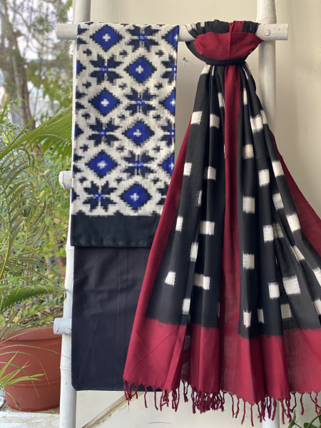 OFF WHITE-BLACK COTTON IKKAT DUPATTA SET