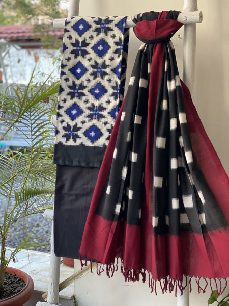 OFF WHITE-BLACK COTTON IKKAT DUPATTA SET