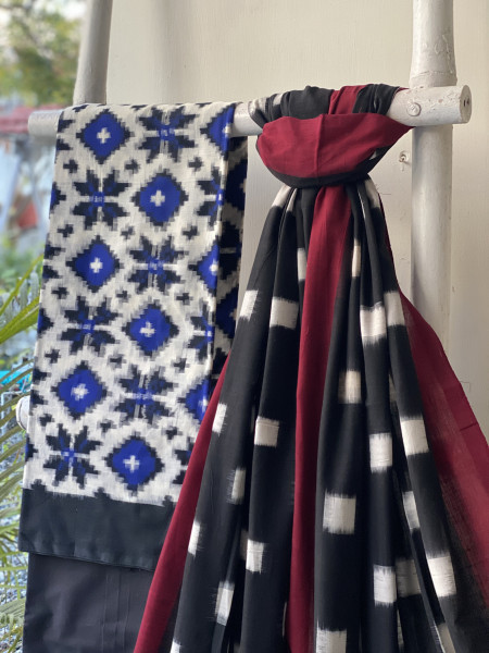 OFF WHITE-BLACK COTTON IKKAT DUPATTA SET