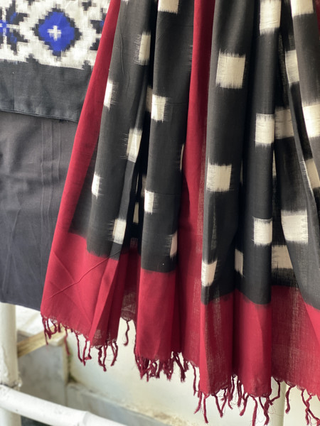 OFF WHITE-BLACK COTTON IKKAT DUPATTA SET