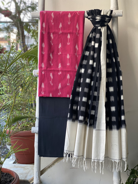 PINK-BLACK COTTON IKKAT DUPATTA SET
