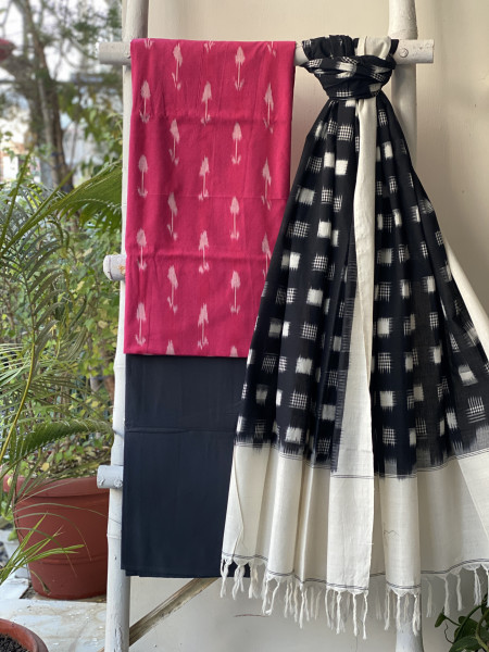 PINK-BLACK COTTON IKKAT DUPATTA SET