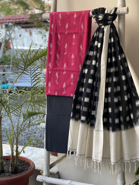 PINK-BLACK COTTON IKKAT DUPATTA SET