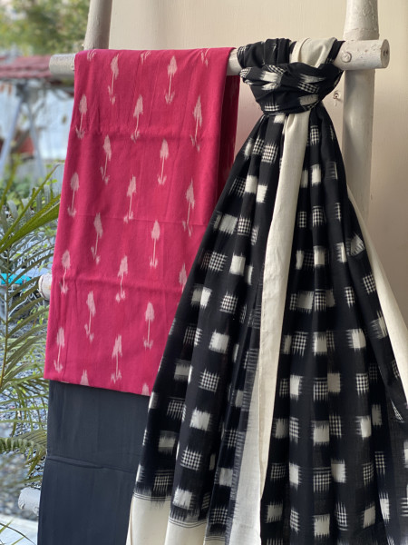 PINK-BLACK COTTON IKKAT DUPATTA SET