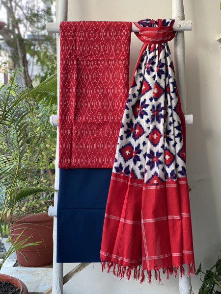RED-OFF WHITE COTTON IKKAT DUPATTA SET