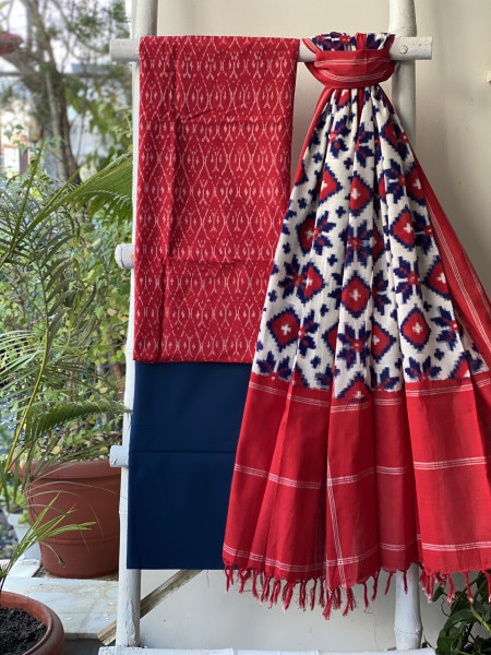 RED-OFF WHITE COTTON IKKAT DUPATTA SET