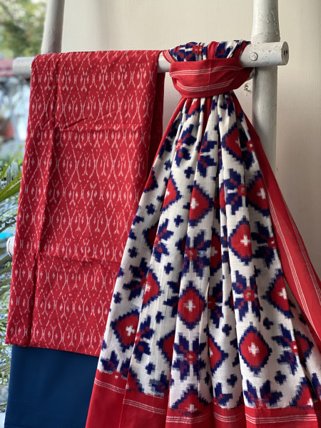 RED-OFF WHITE COTTON IKKAT DUPATTA SET