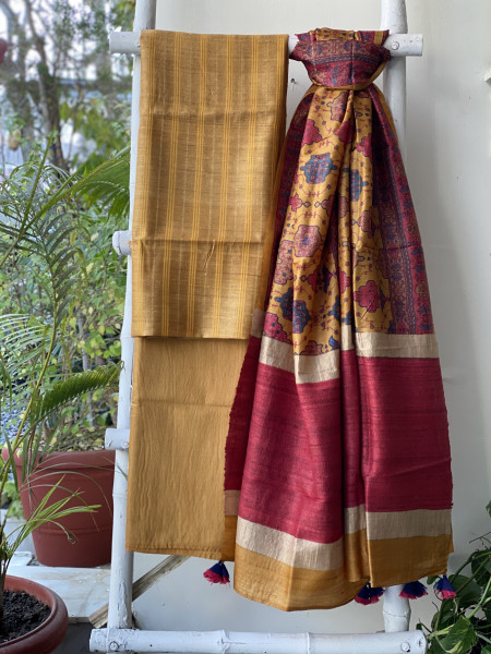 MUSTARD-MULTICOLOUR TUSSAR SILK PRINTED DUPATTA SET