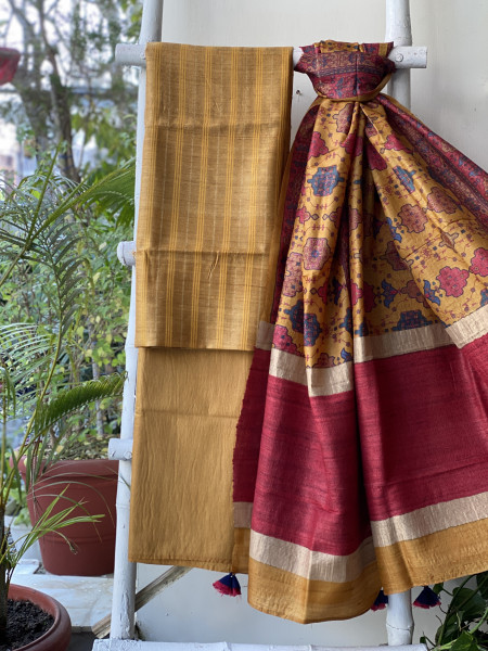 MUSTARD-MULTICOLOUR TUSSAR SILK PRINTED DUPATTA SET