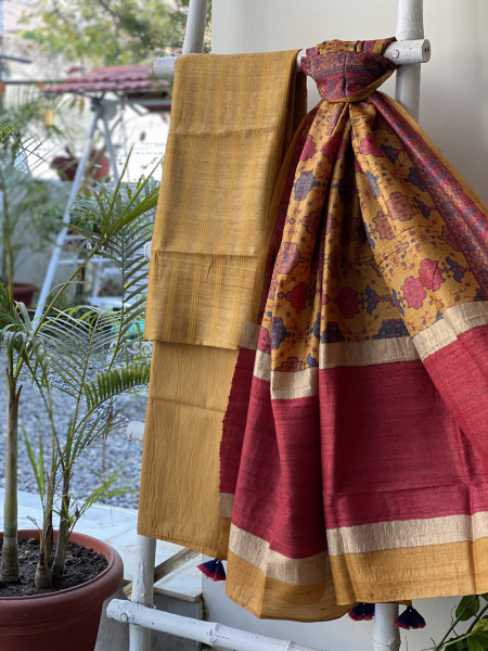 MUSTARD-MULTICOLOUR TUSSAR SILK PRINTED DUPATTA SET