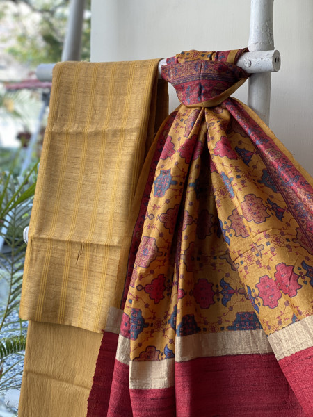 MUSTARD-MULTICOLOUR TUSSAR SILK PRINTED DUPATTA SET