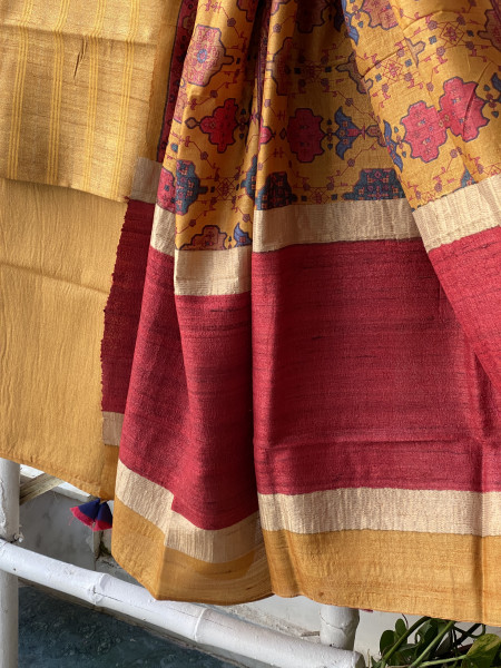 MUSTARD-MULTICOLOUR TUSSAR SILK PRINTED DUPATTA SET
