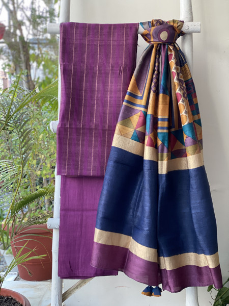 PURPLE-MULTICOLOUR TUSSAR SILK PRINTED DUPATTA SET