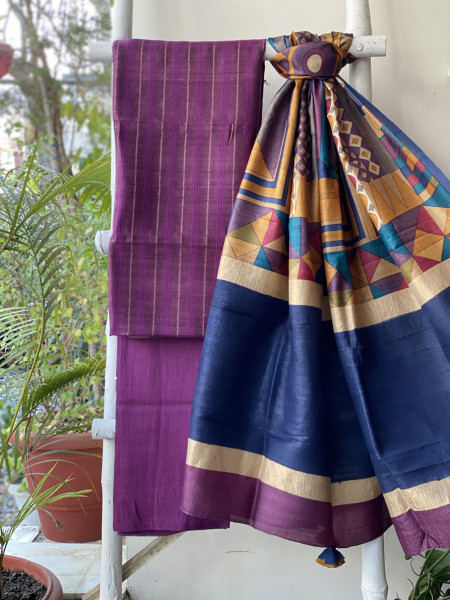PURPLE-MULTICOLOUR TUSSAR SILK PRINTED DUPATTA SET