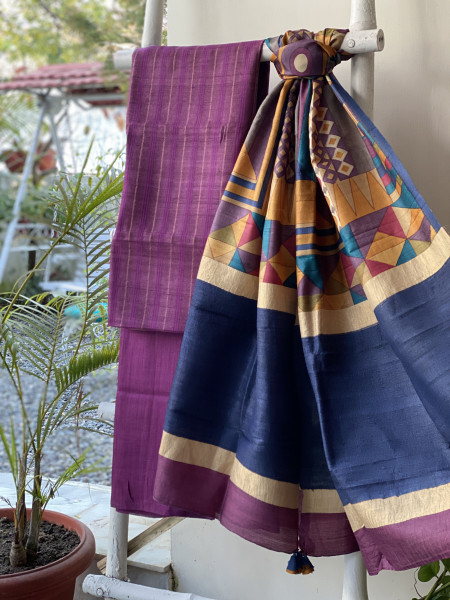 PURPLE-MULTICOLOUR TUSSAR SILK PRINTED DUPATTA SET