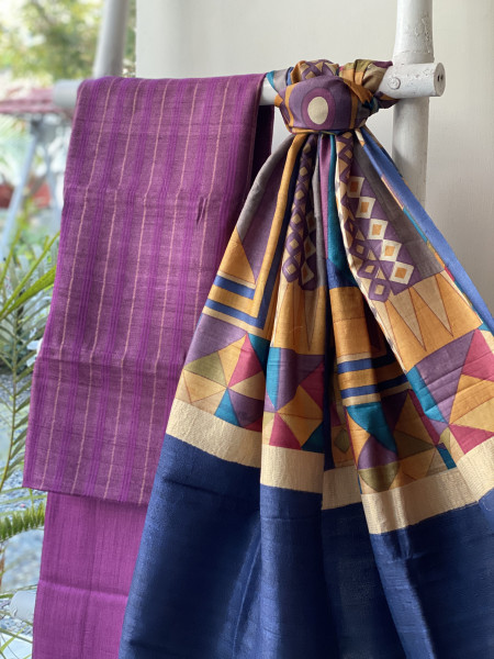 PURPLE-MULTICOLOUR TUSSAR SILK PRINTED DUPATTA SET