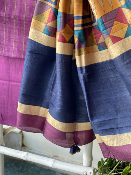 PURPLE-MULTICOLOUR TUSSAR SILK PRINTED DUPATTA SET
