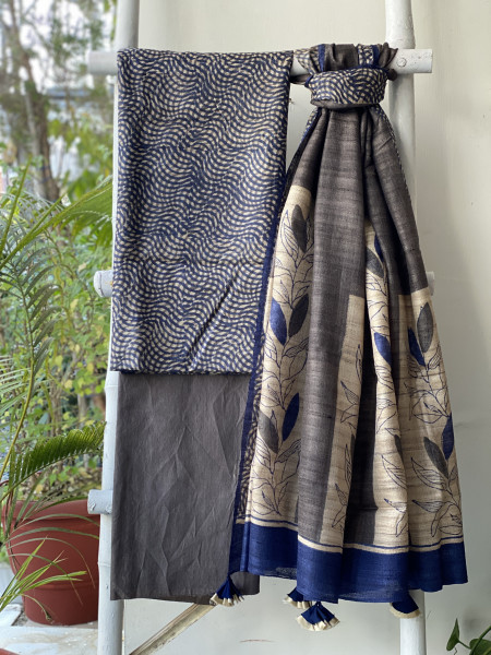 INDIGO-BEIGE GICHA SILK PRINTED DUPATTA SET