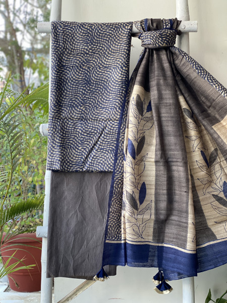 INDIGO-BEIGE GICHA SILK PRINTED DUPATTA SET