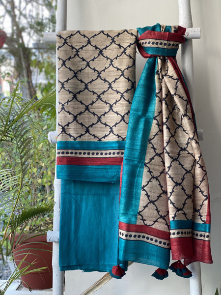 BEIGE-TURQUOISE GICHA SILK PRINTED DUPATTA SET