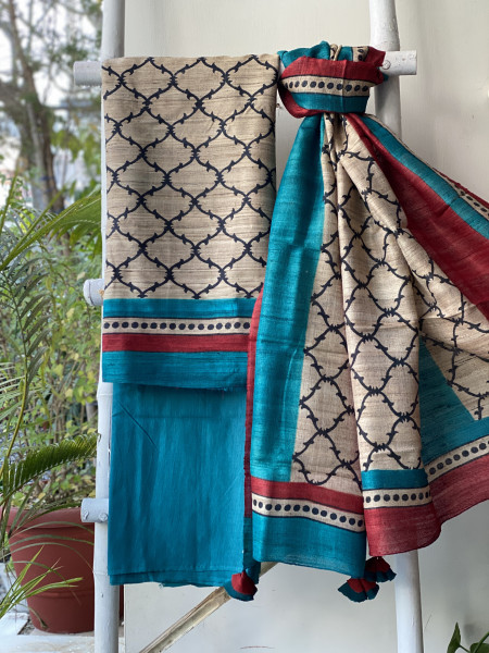 BEIGE-TURQUOISE GICHA SILK PRINTED DUPATTA SET