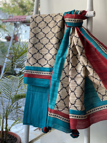 BEIGE-TURQUOISE GICHA SILK PRINTED DUPATTA SET