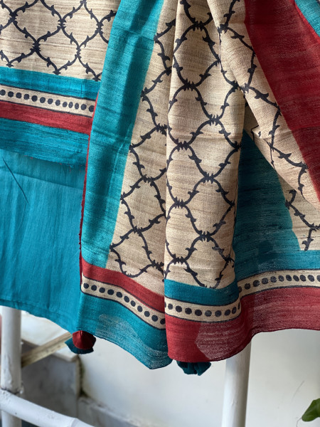 BEIGE-TURQUOISE GICHA SILK PRINTED DUPATTA SET