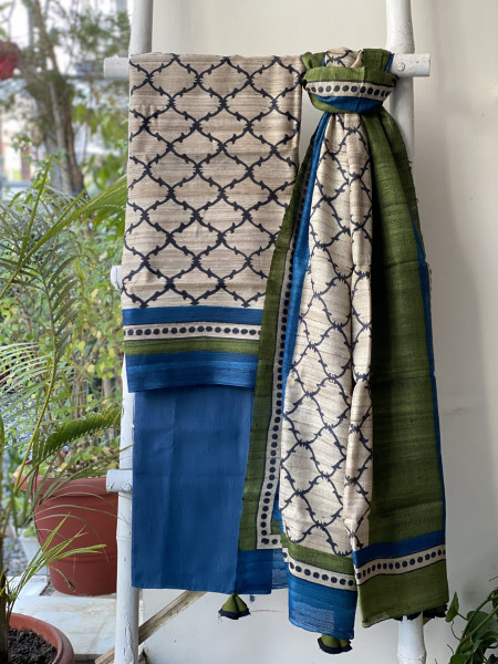 BEIGE-INDIGO GICHA SILK PRINTED DUPATTA SET