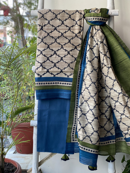 BEIGE-INDIGO GICHA SILK PRINTED DUPATTA SET