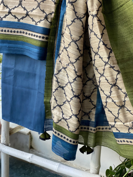 BEIGE-INDIGO GICHA SILK PRINTED DUPATTA SET