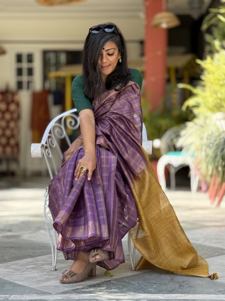 PURPLE-MUSTARD HAND WOVEN TUSSAR SILK SARI