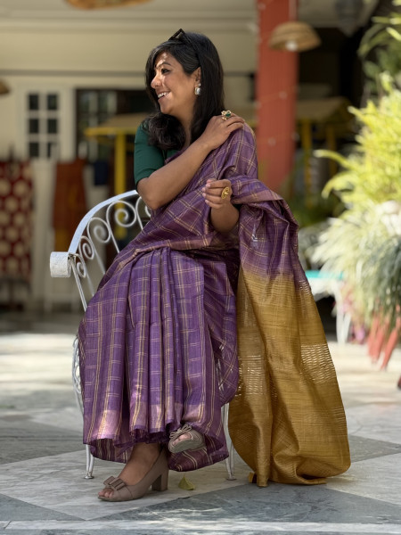 PURPLE-MUSTARD HAND WOVEN TUSSAR SILK SARI