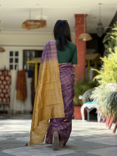 PURPLE-MUSTARD HAND WOVEN TUSSAR SILK SARI