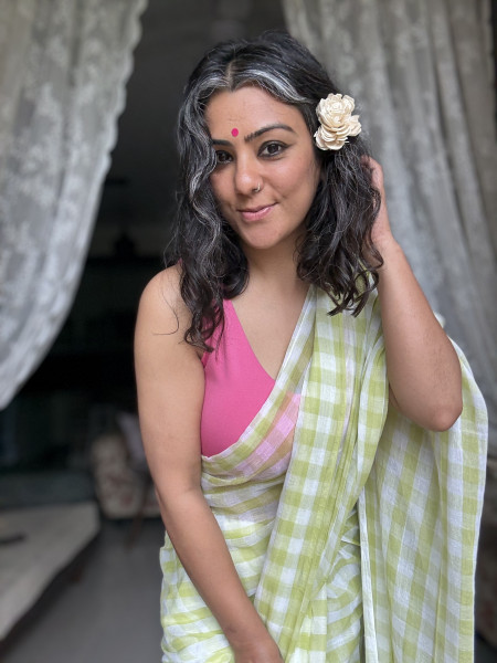 LIME GREEN GINGHAM CHECKS  MULMUL COTTON SARI