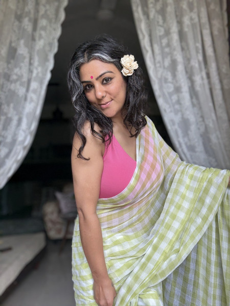 LIME GREEN GINGHAM CHECKS  MULMUL COTTON SARI