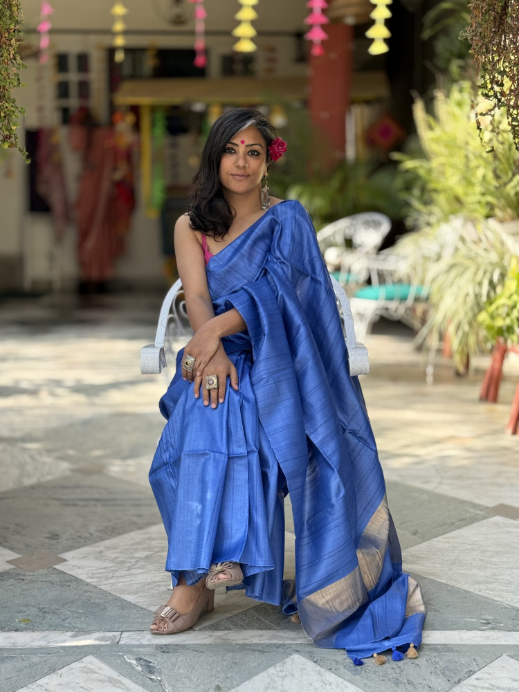 Image of BLUE KOSA SILK WOVEN ZARI SARI
