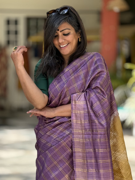 PURPLE-MUSTARD HAND WOVEN TUSSAR SILK SARI