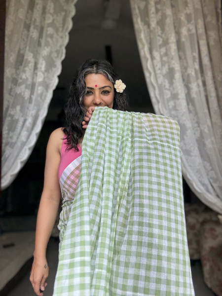 SEA GREEN GINGHAM CHECKS  MULMUL COTTON SARI