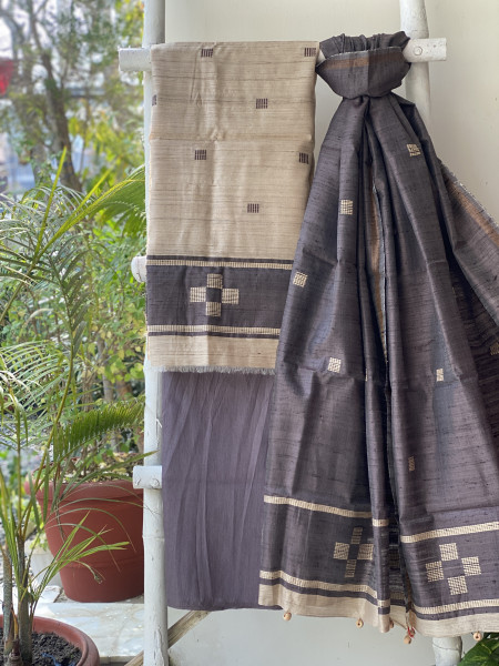 BEIGE-STONE BROWN HANDLOOM SILK DUPATTA SET