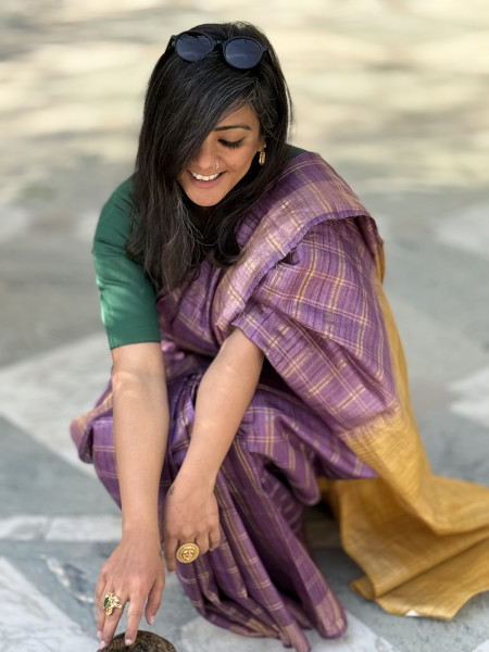 PURPLE-MUSTARD HAND WOVEN TUSSAR SILK SARI