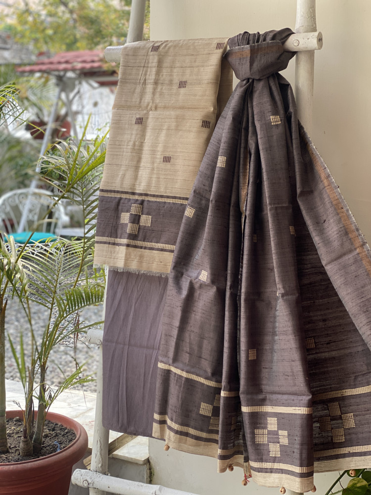 Image of BEIGE-STONE BROWN HANDLOOM SILK DUPATTA SET