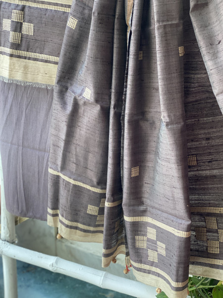 BEIGE-STONE BROWN HANDLOOM SILK DUPATTA SET
